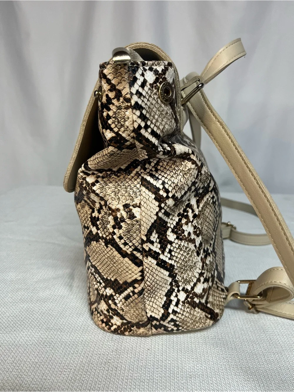 Snake-Print Beige 3-in-1 Convertible Backpack Crossbody Bag with